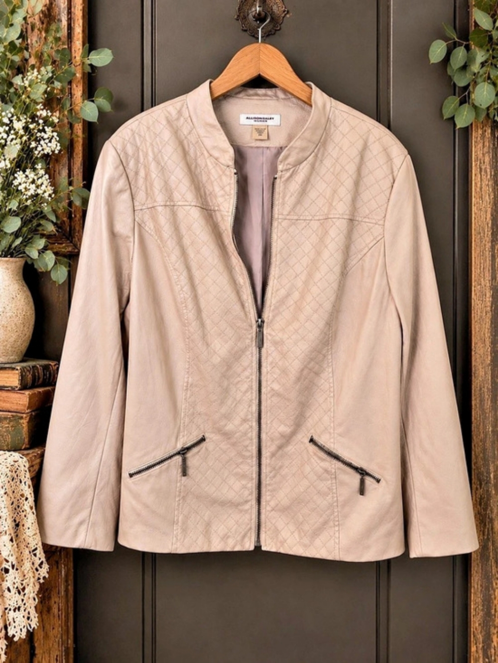 Allison Daley 18W Winter White Quilted Faux Leather Zip Jacket